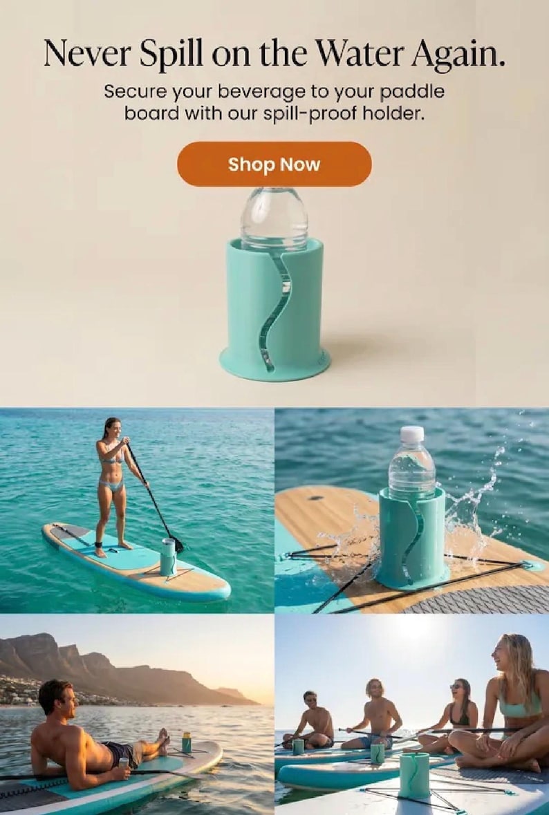 Op de afbeelding: Een lichtblauwe cilindervormige bekerhouder met een verticale golvende gleuf, ontworpen om een waterfles op een paddleboard vast te zetten. De tekst luidt: Never Spill on the Water Again. Secure your beverage to your paddle board with our spill-proof holder.