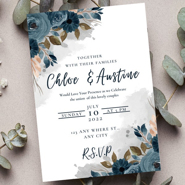 Wedding Invitation Navy Flower Watercolor OCEAN Wedding Invitation Template Instant Download Editable Navy Blue Invite Card set