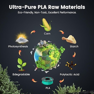 May include: Diagram showing the process of making PLA plastic from corn. The diagram shows corn, starch, polylactic acid, and a spool of PLA filament.