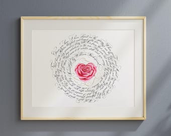 Shakespeare Sonnet Calligraphy Art with Watercolour Rose, Handwritten Poetry Wall Decor, Romantic Literary Gift