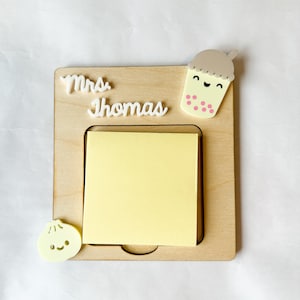 Personalized Cute Dumpling Asian Food Dim Sum and Boba Notepad Holder | Bubble Tea Post It Holder | Teacher Appreciation, Acrylic and Wood