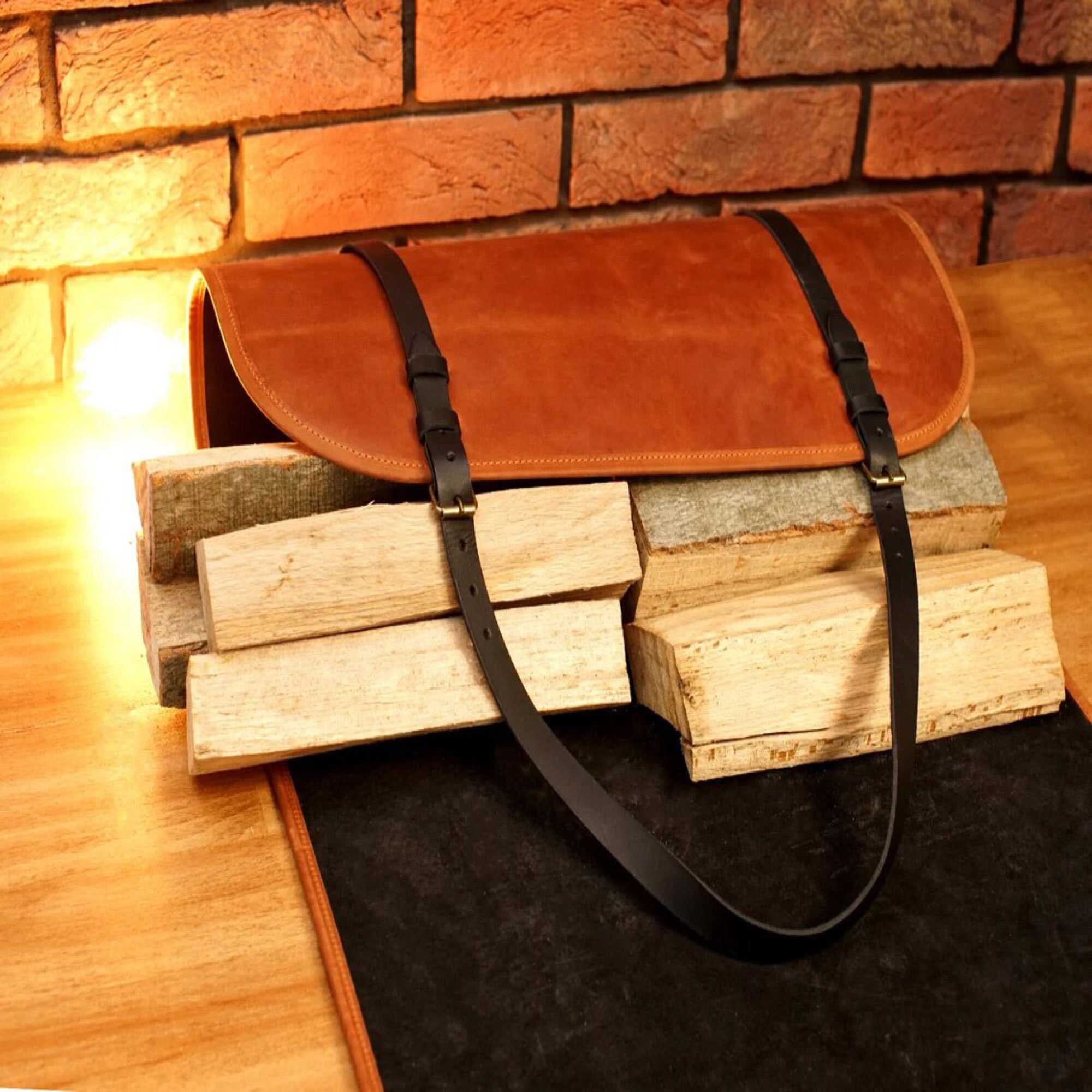 Firewood Carrier, Personalized Log Carrier, Leather Fireplace Accessory, Leather Outdoor Wood