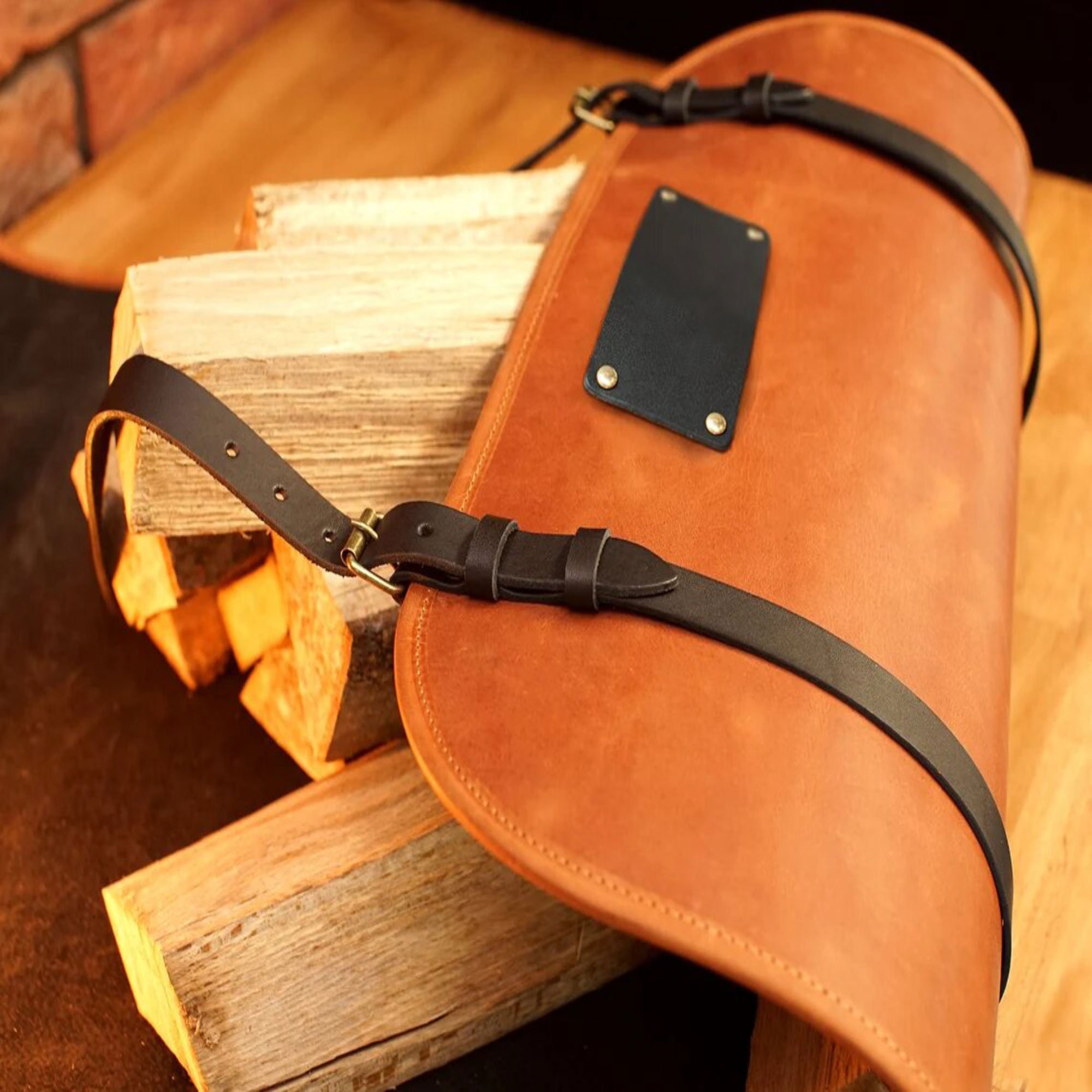 Firewood Carrier, Personalized Log Carrier, Leather Fireplace Accessory