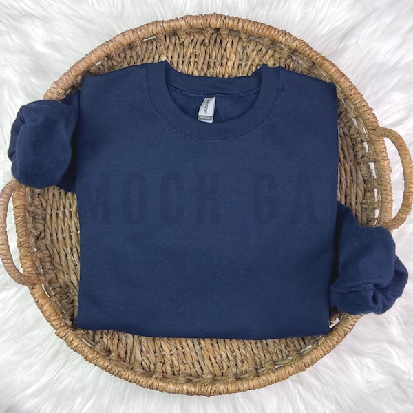 Gildan 18000 Navy Sweatshirt Flat Lay Mockup - Simple Aesthetic Boho Folded Crewneck Mock Up - Blue Gildan Sweater - Rolled Sleeves Mockup
