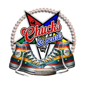 May include: A pair of high-top sneakers with a rainbow striped design. The sneakers have white laces and a white rubber sole. The text "Chucks & Pearls" is displayed above the sneakers, surrounded by a pearl necklace.