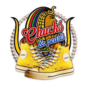 May include: A yellow high-top sneaker with a rainbow and gold design. The sneaker has a white sole and a white label with the text "DOI" in rainbow colors. The sneaker is surrounded by a string of pearls and a logo that says "Chuck's & pearls".