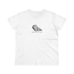 May include: White women's t-shirt with a black and white illustration of a seashell and the text "wentletrap" printed on the front.