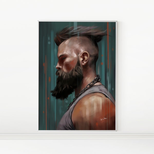 Edgy Elegance: Mohawk Metal - Muscular Bearded Man Art | Instant Download | A2 Size Print | Artistic Sophistication