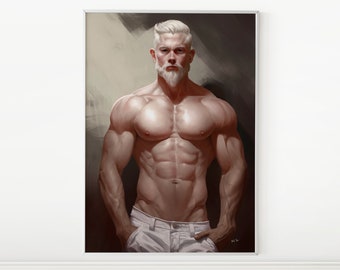 Radiant Strength: Silver Serenity | Digital Art Download | Muscular Bearded Man | High-Resolution JPG | A2 Print | Artistic Vitality