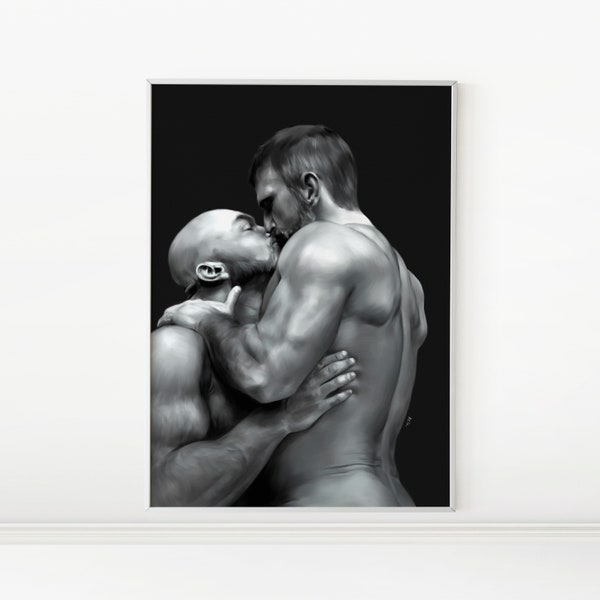 Kiss 02 | Black And White Man Portrait, Gay Couple Art Prints, LGBTQ Illustration, Wall Art | Instant DIGITAL DOWNLOAD, Printable Gay Art