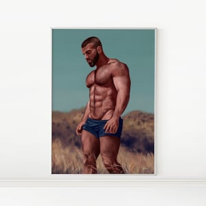 Hombre en la colina / Hombre sin camisa con pantalones cortos azules - Retrato masculino, impresiones artísticas LGBTQ / DESCARGA DIGITAL instantánea, obra de arte imprimible