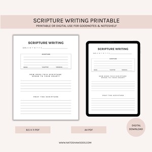 May include: Printable scripture writing journal template for Goodnotes and Noteshelf apps. The template features a date section, space for scripture, book, chapter, verses, and a section to write how the scripture speaks to your heart. The template also includes a section to pray the scripture. The template is available in 8.5 x 11 inches and A4 sizes.