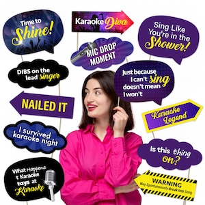 May include: A collection of karaoke-themed photo booth props in various shapes, including speech bubbles and arrows. The props feature phrases like "Time to Shine!" and "Karaoke Diva" in yellow and white text against a purple and black background.