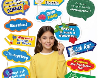 May include: A young girl in a yellow sweater holds up various science-themed speech bubbles and signs. The signs include phrases like "Eureka!", "Brain Power", and "Lab Rat", along with scientific concepts and warnings.