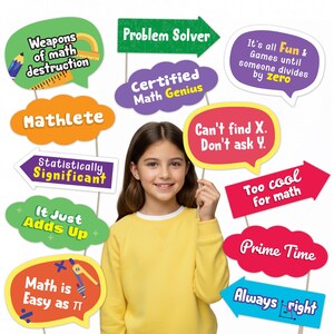 May include: A young person in a yellow sweater smiles, holding up colorful speech bubbles with math-related phrases. The bubbles include "Weapons of math destruction," "Problem Solver," and "Math is Easy as π."