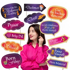 Bollywood Party Photo Booth Props 12 Piece Kit Shaadi Decorations Pre Cut with Sticks and Adhesives