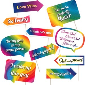 Pride Photo Booth Props 10 Piece Kit LGBTQ Party Decorations Pre Cut with Sticks and Adhesives