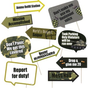 Military Party Photo Booth Props 10 Piece Kit Army Themed Decorations Pre Cut with Sticks and Adhesives