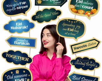 Eid Photo Booth Props 12 Piece Kit Eid Mubarak Decorations Pre Cut with Sticks and Adhesives