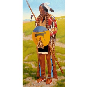 Signed Original PAUL SURBER Oil Painting – Standing Indian Chief 48&quot; x 24&quot;