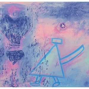 May include: Abstract painting with a blue heart, a blue figure with a long arm, and a pink and blue background.