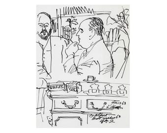 May include: A black and white ink sketch depicts two men in a room, with a table in the foreground. A cup and saucer sit on the table. The sketch includes the date "8/12/63" and the inscription "Best wishes".