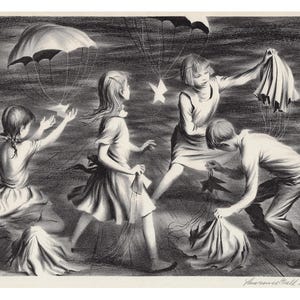 May include: A black and white pencil drawing depicts four children interacting with star-shaped objects attached to parachutes. The children are dressed in simple clothing, with two girls and a boy reaching for the stars. The artwork has a vintage feel.