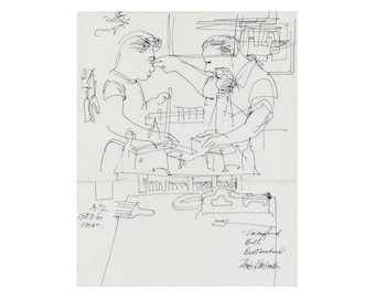 May include: A black and white sketch of two people working at a table, with various objects and lines. The sketch includes the date "Oct 8 '60" and the time "11:30 am". There is also handwritten text at the bottom.