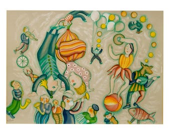 Signed Original FRANCOISE DEBERDT Limited Edition Color Lithograph “Le Clowns en Cabriole”, 1979