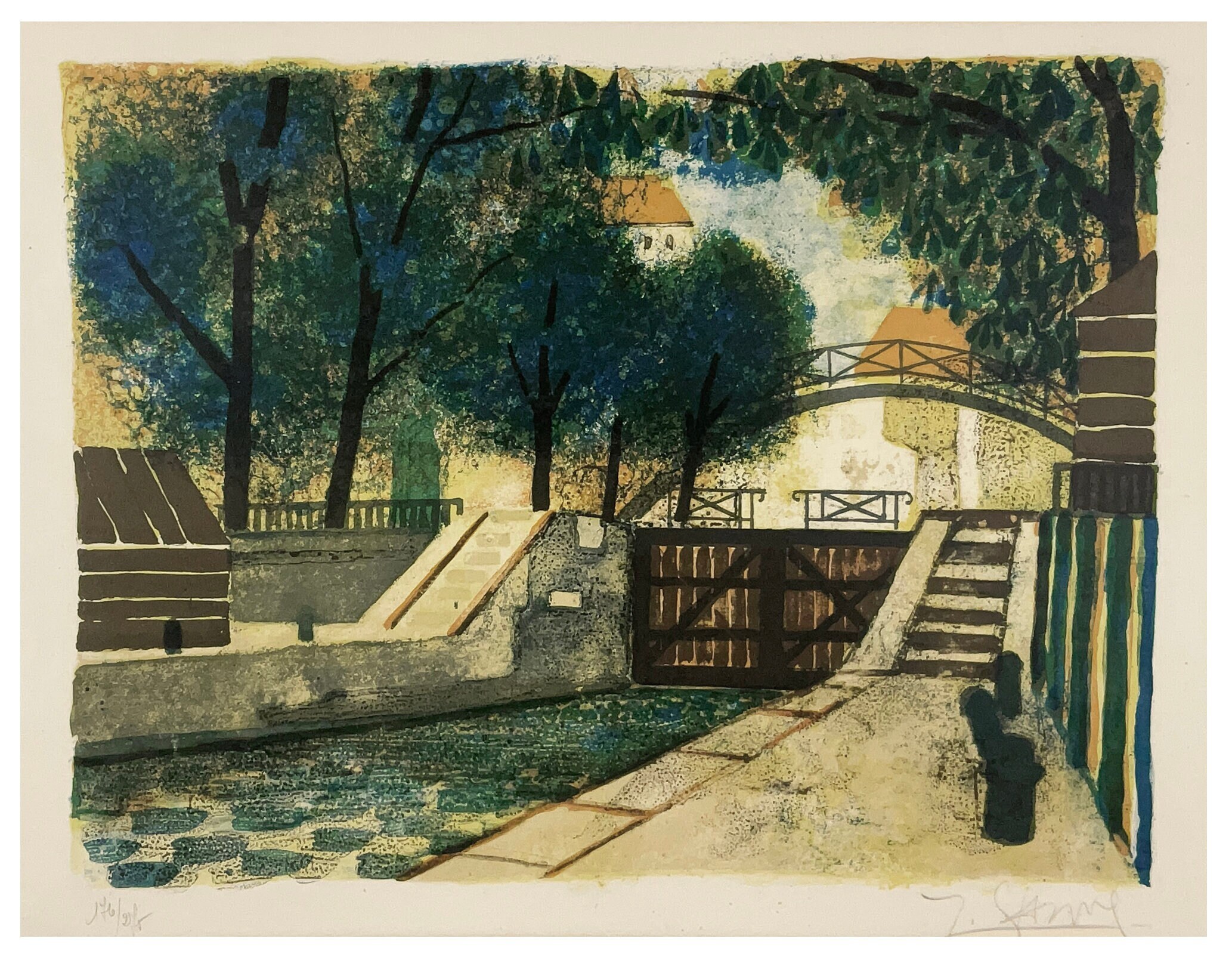 Signed Original YVES GANNE Limited Edition Color Lithograph (Paris Canal Scene)