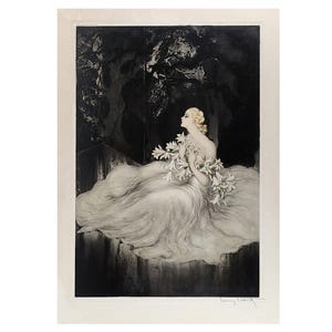 Signed Original LOUIS ICART Aquatint Etching “LILIES”, 1934