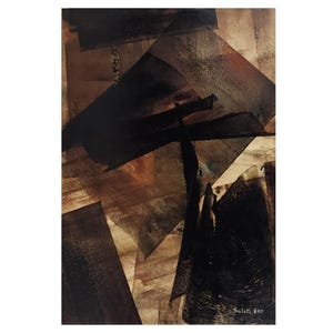 May include: Abstract painting with geometric shapes in shades of brown, black, and white. The painting has a textured surface and a signature in the bottom right corner.