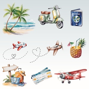 May include: Watercolor illustration of travel-themed elements. Includes a beach scene with palm trees, a green scooter, a passport, airplanes, a pineapple drink, luggage, tickets, and a signpost.