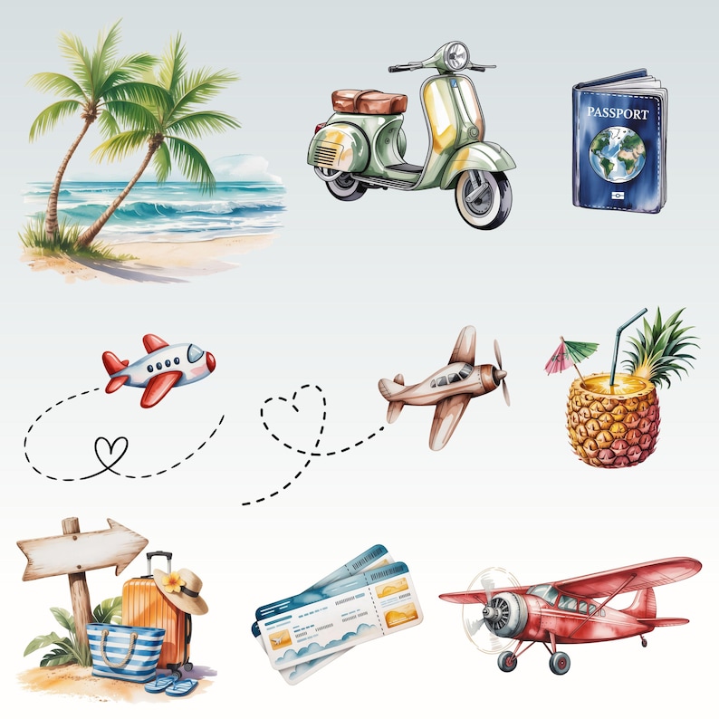 May include: Watercolor illustration of travel-themed elements. Includes a beach scene with palm trees, a green scooter, a passport, airplanes, a pineapple drink, luggage, tickets, and a signpost.