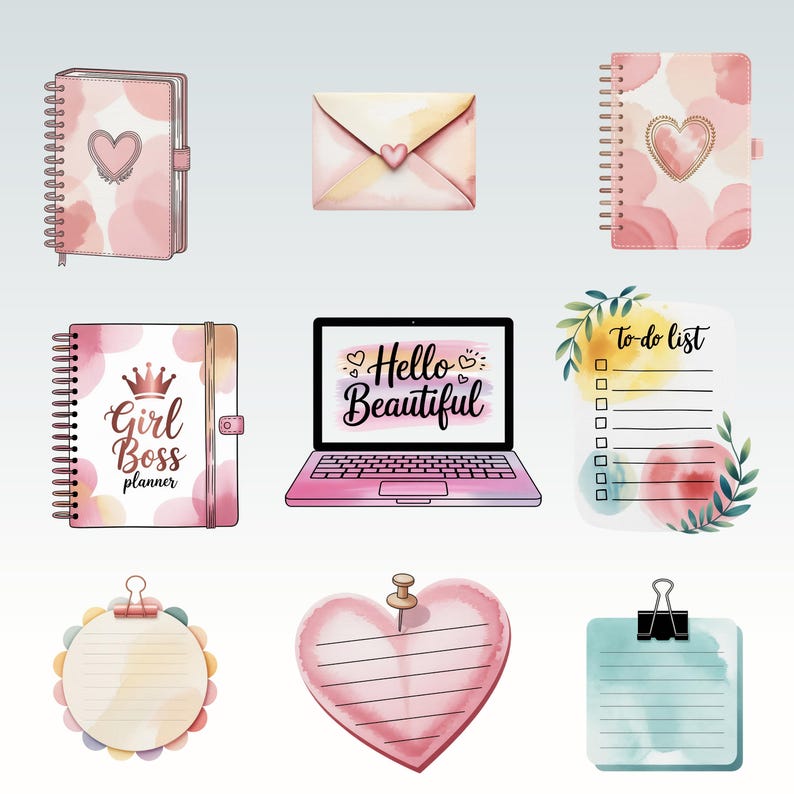 May include: A collection of pink and watercolor-style stationery items. Includes spiral notebooks, a laptop with "Hello Beautiful" on the screen, an envelope, a to-do list, and heart-shaped notes. The items are decorated with hearts and floral accents.