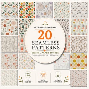 Scandinavian Digital Paper Bundle, 20 Seamless Patterns, Minimal Floral Geometric Abstract, Neutral Nordic Boho Nursery Fabric, 300 DPI