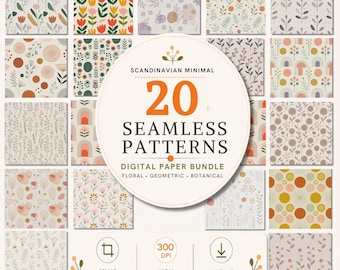 Pacchetto di carte digitali scandinave, 20 motivi senza soluzione di continuità, minimal floreale geometrico astratto, tessuto neutro nordico boho per cameretta, 300 DPI