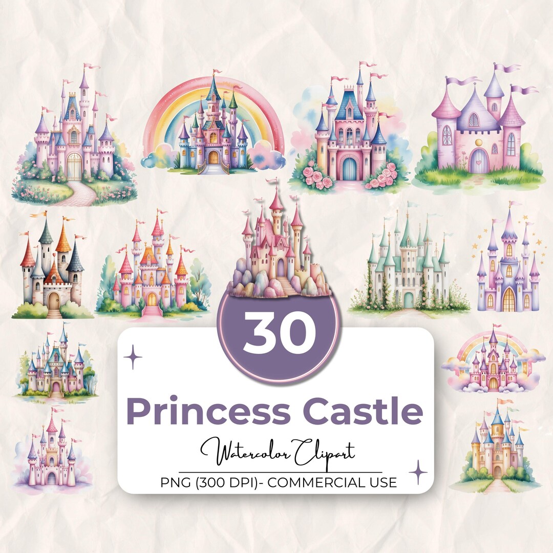 30 Princess Castle Watercolor Clipart Bundle, Magical Fairytale Castle ...