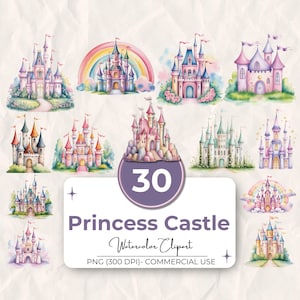 30 Princess Castle Watercolor Clipart Bundle, Magical Fairytale Castle, Cute Girly Castle Clipart, Pink Castle Clipart, Commercial Use