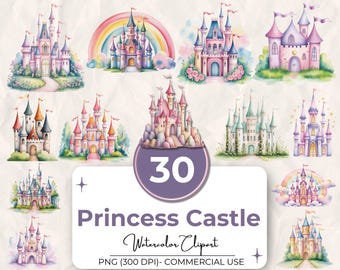 30 Prinzessin Schloss Aquarell Clipart Bundle, magisches Märchenschloss, süßes Girly Schloss Clipart, rosa Schloss Clipart, kommerzielle Nutzung