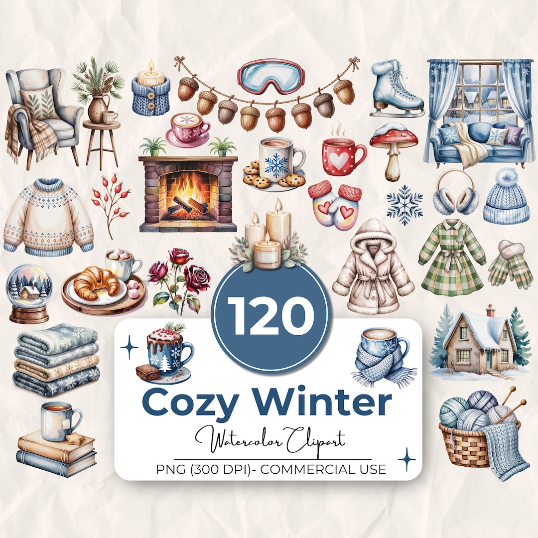 120 Watercolor Cozy Winter Clipart Bundle, Winter Theme, Winter Clothes ...