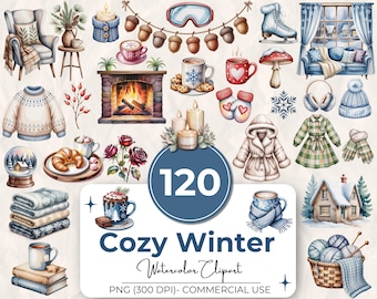 Pacote com 120 imagens aquareladas aconchegantes de inverno, incluindo roupas, casas e livros. Uso comercial permitido.
