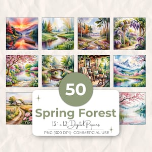 50 Spring Watercolor Digital Papers, Spring Forest Watercolor, Spring Digital Paper Bundle, Spring Paper Design Digital, Forest Scene Bundle