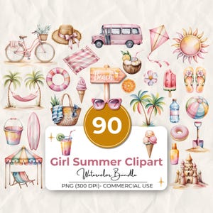 May include: Watercolor clipart bundle featuring summer-themed illustrations. Includes a pink bicycle, beach accessories, a bus, and a variety of other summer elements. The text on the image says "Girl Summer Clipart Watercolor Bundle".