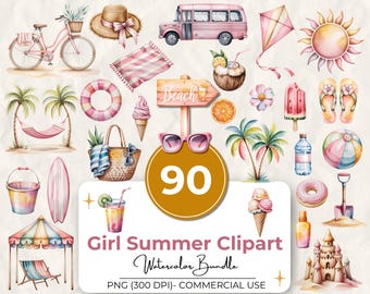 Pacchetto di clipart estive per ragazze, 90 elementi PNG ad acquerello per la spiaggia, grafica estetica rosa per le vacanze, gelato, palma, uso commerciale