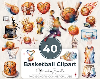 Pacchetto di 40 sagome di basket clipart, schizzi di vernice acquerello basket PNG, palline, canestri, giocatori, download digitale, uso commerciale