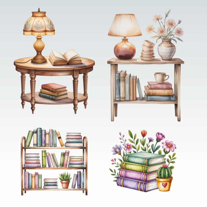 Puede incluir: Ilustraci&oacute;n en acuarela de rincones de lectura acogedores. Incluye una mesa redonda con una l&aacute;mpara y libros, una peque&ntilde;a estanter&iacute;a y una pila de libros con flores y un cactus. La paleta de colores es suave y acogedora.