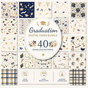 Abschluss-Digitalpapier-Bundle, 40 nahtlose Abschluss-Muster, Aquarell-Marine-Gold-Hintergründe, kommerzielle Nutzung