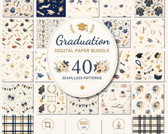 Pacchetto di carte digitali per la laurea, 40 motivi senza soluzione di continuità, sfondi acquerello blu navy e oro, uso commerciale