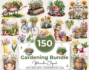 150 Gardening Watercolor Clipart Bundle, Garden Clipart PNG Set, Home Garden Clipart, Garden Tools Clipart, Garden Clipart Commercial Use